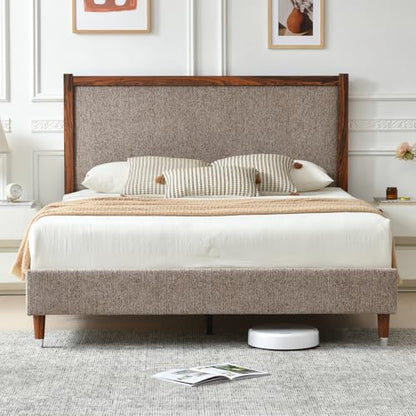 Full Size Upholstered Platform Bed Frame with Wood Trim Headboard, view 4