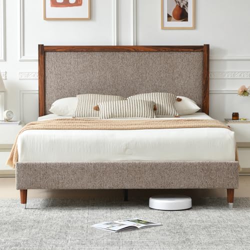 Queen Size Upholstered Platform Bed Frame with Wood Trim Headboard, view 4