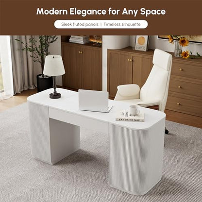 Modern 59.8" Lift-Top Home Office Desk, Engineered Wood Fluted Desk with 2 Doors Ample Storage for Working, Study, Reading Room, White