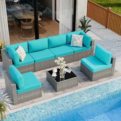 7 Pieces Outdoor Patio Furniture Sets, Patio Sectional Sofa Couch, Silver Gray PE Wicker Furniture Modular Patio Conversation Sets Patio Sofa with Washable Cushions & Coffee Table (Blue)