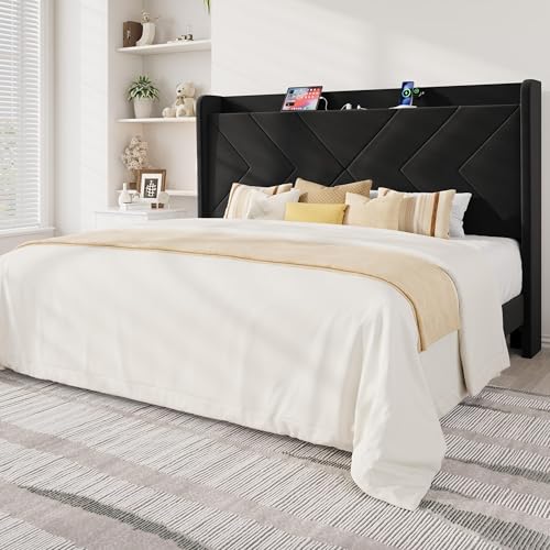 King Size Velvet Bed Frame with Charging and Shelf, Black, view 3