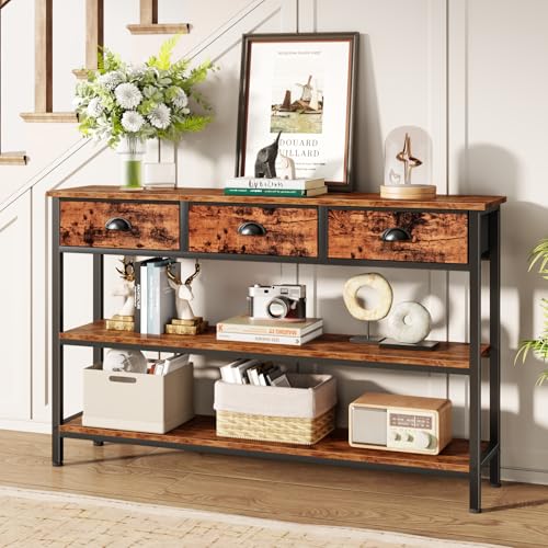 47" Console Table with 3 Drawers, 3-Tier Sofa Table for Behind Couch with Open Wooden Shelves, Industrial Display Shelf for Hallway,Entry Way, Living Room, Kitchen, Foyer, Rustic Brown