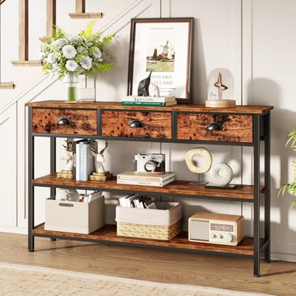 47" Console Table with 3 Drawers, 3-Tier Sofa Table for Behind Couch with Open Wooden Shelves, Industrial Display Shelf for Hallway,Entry Way, Living Room, Kitchen, Foyer, Rustic Brown