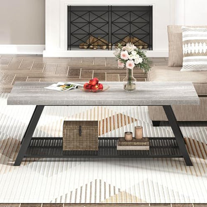Industrial Coffee Tables for Living Room with Storage, Rustic Wood and Metal Coffee Table, Modern Rectangle Center Cocktail Tea Table, Light Grey, 47 Inch