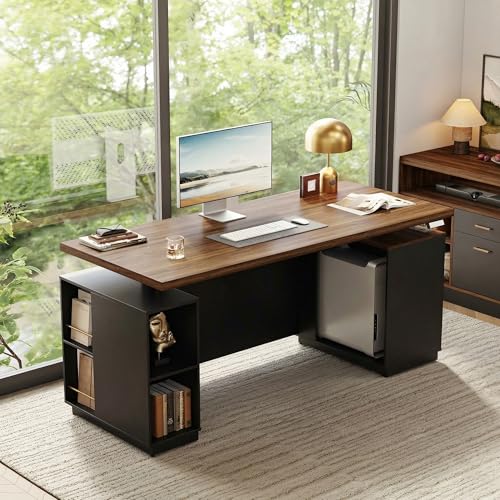 71" Electric Standing Executive Desk with Privacy Panel & Charging Station, Large One-Piece Height Adjustable Stand Up Desk with Under Storage, Home and Office, Black Walnut