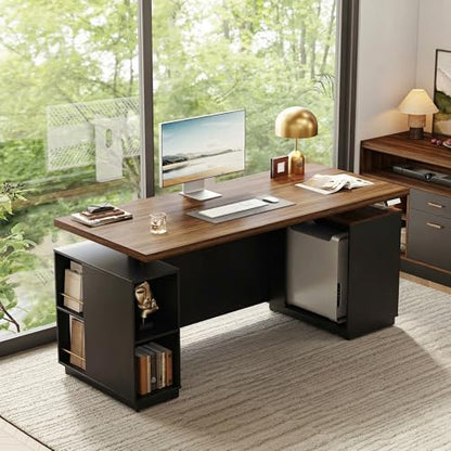 71" Electric Standing Executive Desk with Privacy Panel & Charging Station, Large One-Piece Height Adjustable Stand Up Desk with Under Storage, Home and Office, Black Walnut