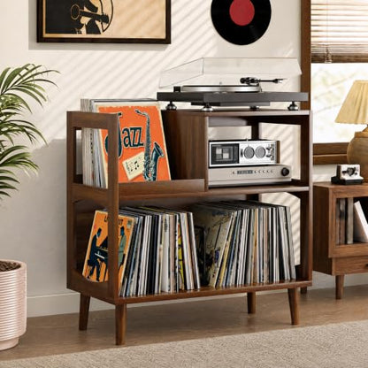 Record Player Stand with Vinyl Storage, Mid-Century Turntable Stand, Walnut, view 2