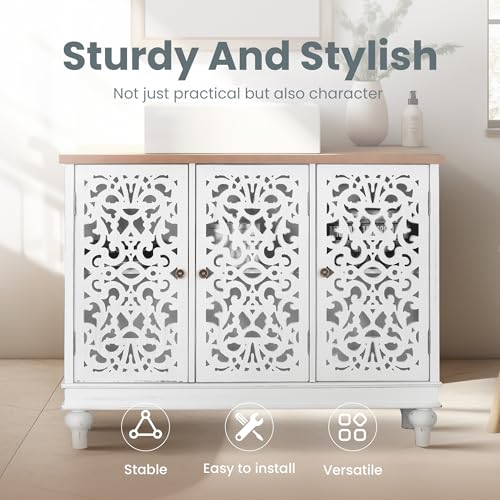 White Accent Cabinet with Doors, Farmhouse Credenza Cabinets for Living Room, Sideboard Buffet Cabinet with Storage
