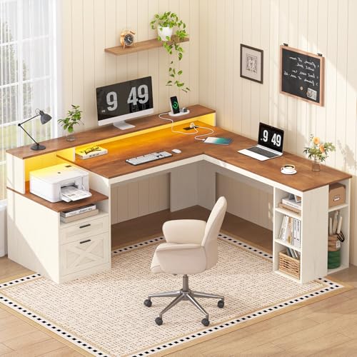 63" Farmhouse L Shaped Desk with Drawers & Storage Shelves for Home Office, view 2