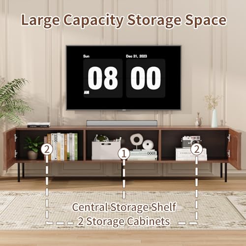 70 Inch Mid-Century Modern TV Stand for 55 to 80 Inch TVs, Slat Door