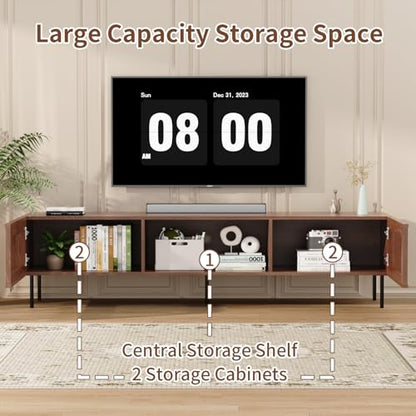 70 Inch Mid-Century Modern TV Stand for 55 to 80 Inch TVs, Slat Door