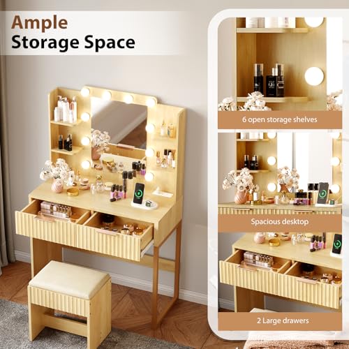 Fluted Makeup Vanity Desk with Mirror & Lights & Power Outlet, view 5
