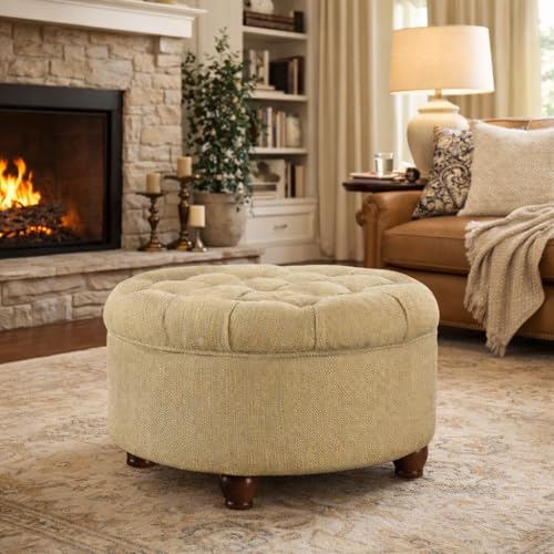25" Button Tufted Round Storage Ottoman - Tan & Cream Tweed