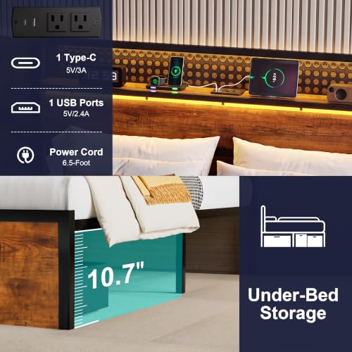 Queen Bed Frame with 2 Drawers, Platform Bed with LED Lights & Charging Station, view 7