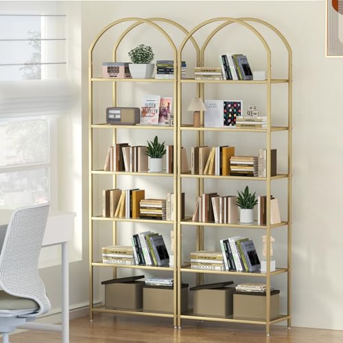 6-Tier Tall Gold Bookshelf, Arched Bookcase with Glass Shelves, view 6