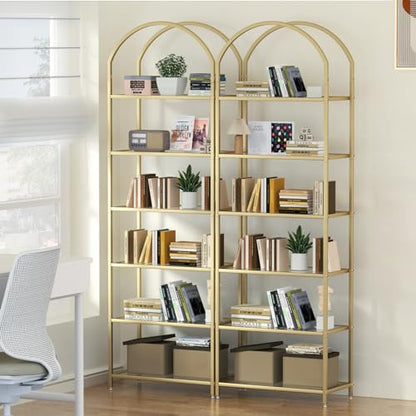 6-Tier Tall Gold Bookshelf, Arched Bookcase with Glass Shelves, view 6
