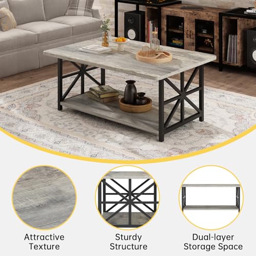 Gray Coffee Table for Living Room with Round Corners, 2 Tier Living Room Table with Storage Shelf,Rectangular Coffee Table Center Table for Small Spaces,Easy Assembly