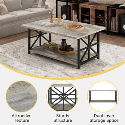 Gray Coffee Table for Living Room with Round Corners, 2 Tier Living Room Table with Storage Shelf,Rectangular Coffee Table Center Table for Small Spaces,Easy Assembly