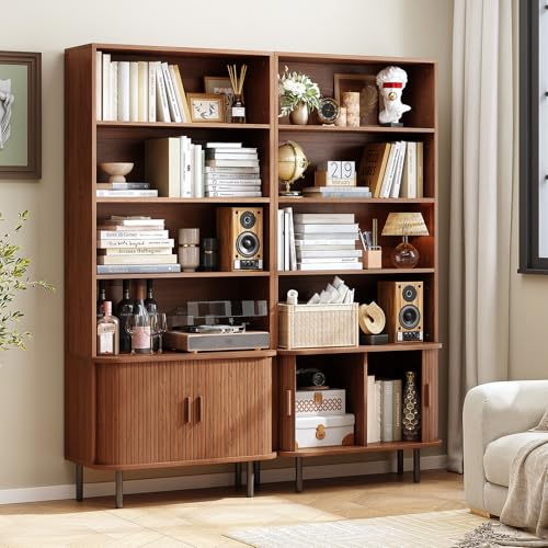 71" Bookshelf with Sliding Door, Bookcase Storage Cabinet, Walnut, view 4