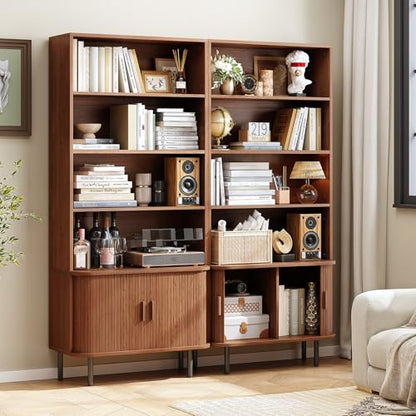 71" Bookshelf with Sliding Door, Bookcase Storage Cabinet, Walnut, view 4