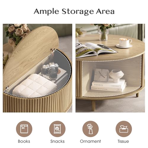 Round Coffee Table with Storage, 31.5" Natural Oak Drum Table for Small Space, Fluted Wood Center Table with Hidden Compartment, Modern Farmhouse Furniture for Living Room Organization