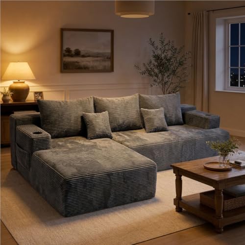96.8" Cloud Modular Sectional Sofa Boneless Couch with L Shaped Chaise, Modern Corduroy Upholstered Deep Seat Couches Lounge with 5 Pillows for Living Room Bedroom(Dark Gray, Left Facing Chaise)