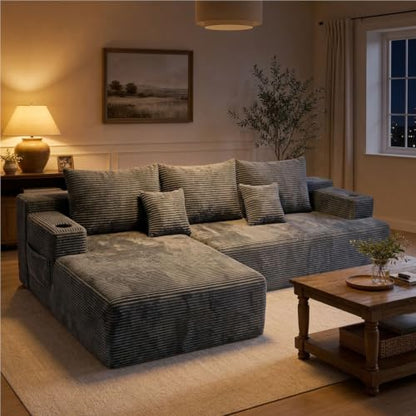 96.8" Cloud Modular Sectional Sofa Boneless Couch with L Shaped Chaise, Modern Corduroy Upholstered Deep Seat Couches Lounge with 5 Pillows for Living Room Bedroom(Dark Gray, Left Facing Chaise)
