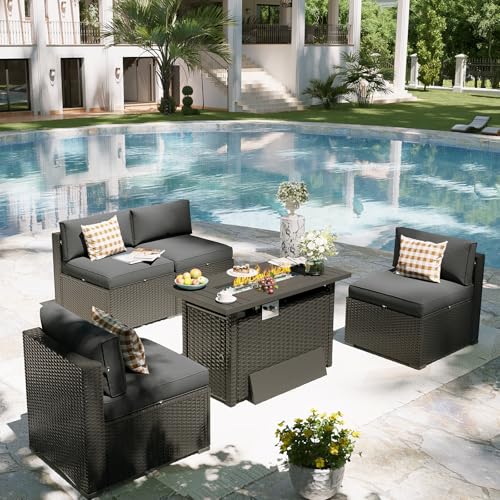Patio Furniture Set with Fire Pit Table, 5 Piece Outdoor Sectional Sofas, Wicker Rattan Outdoor Furniture with Thickened Cushion for Backyard, Garden Dark Grey
