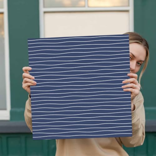 Modern Navy Blue Wavy Stripe Canvas Print Wall, Abstract Trend Rippling Water Lines Framed Canvas Art Wall Decor Pictures Painting Artwork for Living Room Bedroom, Ready to Hang, 28" x 28"