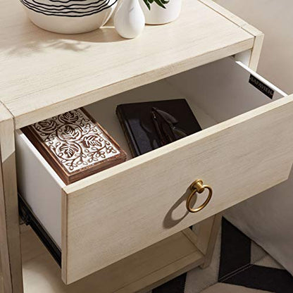 SAFAVIEH Furniture - Sadie 1-Drawer Nightstand - Antique & White - Wood - Glam Gold Hardware Design - Ideal for Bedroom, 21"W x 17.2"D x 26"H - Fully Assembled (NST9201B)