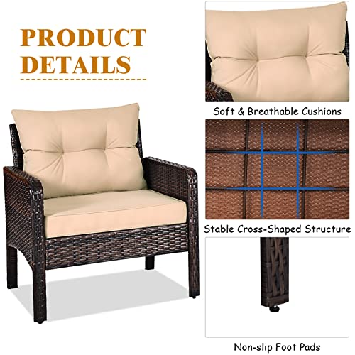 3 Piece Patio Furniture Set, Outdoor Wicker Conversation Bistro Set with 4 Cushions, All Weather PE Rattan Furniture Set for Garden, Backyard, Porch, Poolside (Beige)