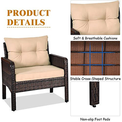 3 Piece Patio Furniture Set, Outdoor Wicker Conversation Bistro Set with 4 Cushions, All Weather PE Rattan Furniture Set for Garden, Backyard, Porch, Poolside (Beige)