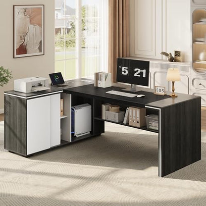 71" Executive Desk with Storage Cabinet, Modern L-Shaped Office Desk with Bookshelf, Storage Shelves, CPU Stand & Cable Management, Large Computer Workstation for Home Office (Gray)