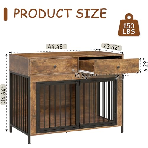 Large Dog Crate Furniture with 2 Drawers, 44 Inch Wooden Dog Kennel Indoor, view 3