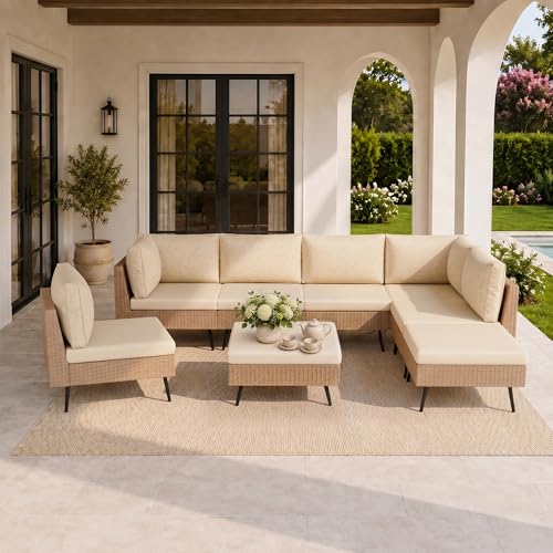 8-Piece Wicker Outdoor Furniture Set, All-Weather Patio Conversation Set with Thick Cushions & 2 Multi-Use Ottomans, Sectional Sofa Patio Furniture Set for Backyard, Porch, Beige