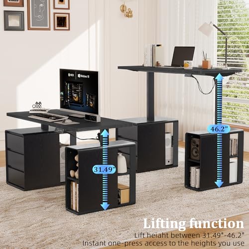 Farmhouse Electric Standing Desk, 55" Height Adjustable Computer Stand up Desk with 3 Drawers and Storage Shelf, Mid Century Modern Home Office Desk Wood Sit Stand Desks for Work, Study, Black