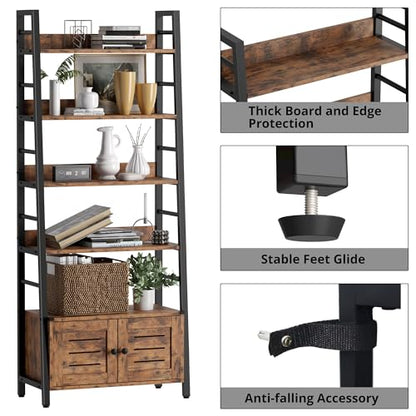 4 Tier Ladder Bookcase with Louvered Doors Rustic Brown | Bookshelf; Ladder Shelf;bottom cabinet; anti tip kit; for Bedroom Living Room Home Office