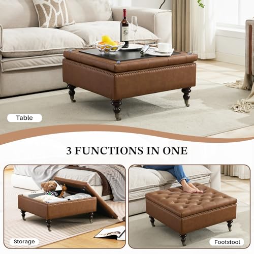 Square Storage Ottoman Coffee Table Tufted Upholstered Large Ottoman with Storage with Rolling Wheels Oversized Footrest Ottomans for Living Room, Brown Faux Leather