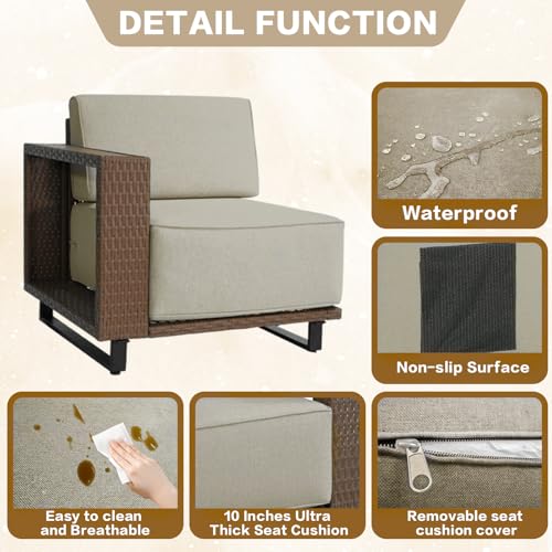 6 Pieces Outdoor Patio Furniture Set, Rocker Chairs and Sofa with 10 inch Thick Cushions and Steel Frame and Wooden Board, PE Rattan Weaving Outdoor Conversation Set Brown/Light Gray Linen