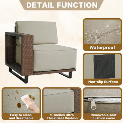 6 Pieces Outdoor Patio Furniture Set, Rocker Chairs and Sofa with 10 inch Thick Cushions and Steel Frame and Wooden Board, PE Rattan Weaving Outdoor Conversation Set Brown/Light Gray Linen