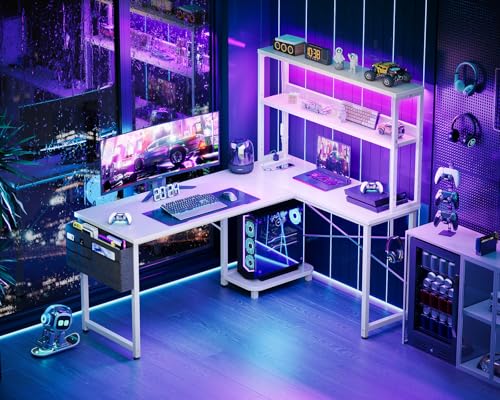 L Shaped Desk Gaming Desk with LED Light & Power Outlet, 53 Inch Reversible L Shaped Computer Table with Shelf, Corner Desk with Storage Bag&Hook for Home Office Desk, White