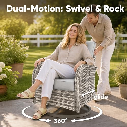 3-Piece Small Patio Furniture Set, Outdoor Swivel Rocking Chairs Set with Wicker Chairs and Tempered Glass Side Table, Outdoor Furniture Patio Bistro Set for Balcony, Deck, Porch