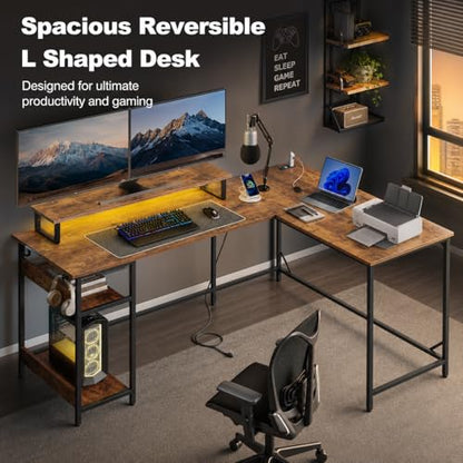 60 Inch L Shaped Gaming Desk with LED Lights, Rustic Brown, view 3