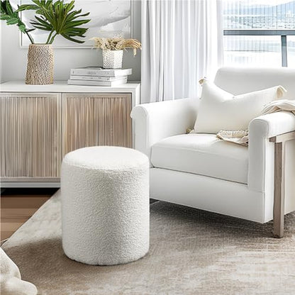 Modern Round Ottoman with Soft Padded Seat – Multifunctional Vanity Chair, Upholstered Footrest Stool for Living Room and Bedroom, Furniture & Décor Store (White)