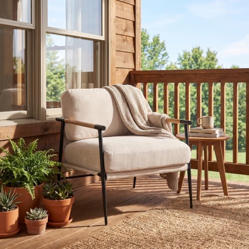 Mid-Century Chenille Lounge Chair with Black Legs, Beige, view 6