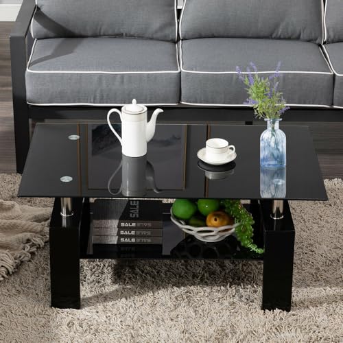 Black 2 tier glass top coffee table with wooden legs, view 7