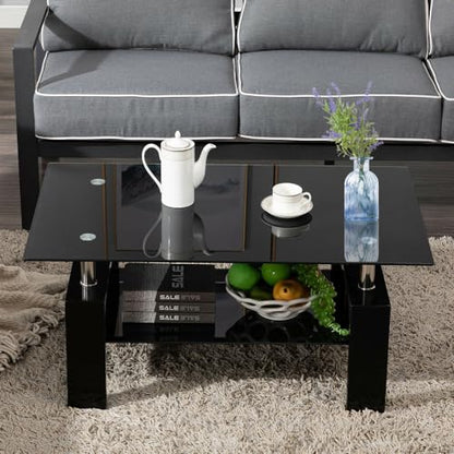 Black 2 tier glass top coffee table with wooden legs, view 7