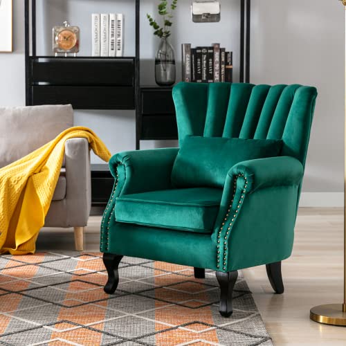 Mid-Century Modern Accent Chair Comfy Single Sofa Chair Channel Back Armchair with Small Pillow for Living Roon Bedroom Club - Velvet, Green