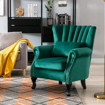 Mid-Century Modern Accent Chair Comfy Single Sofa Chair Channel Back Armchair with Small Pillow for Living Roon Bedroom Club - Velvet, Green