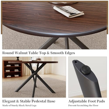 45.3 Inch Round Dining Table Set for 4, Mid Century Modern Small Coffee Set for Dining Room Kitchen Apartment (Dark Walnut Table + 4 U-Shaped Brown Chairs)